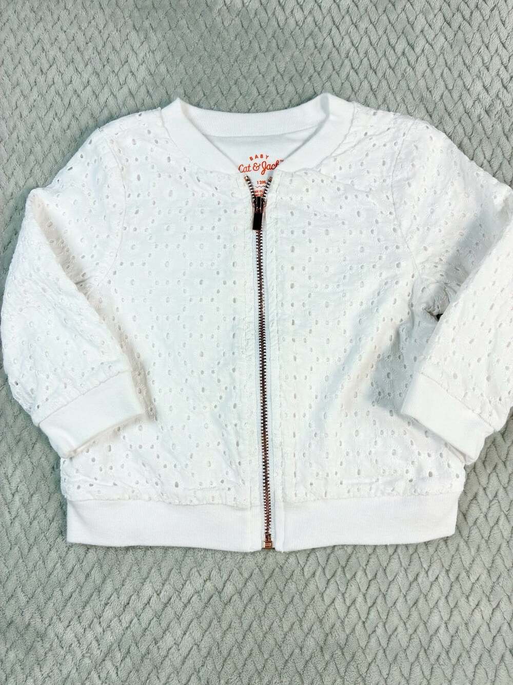 Cat & Jack Eyelet Bomber Jacket Size 12M White Lace Zip Up